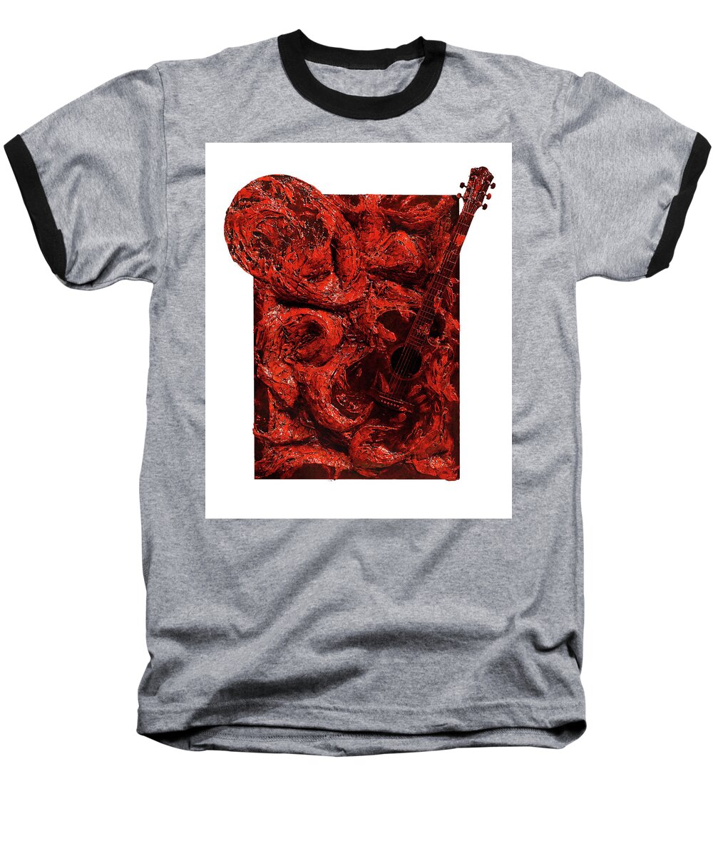 Guitar Record Baseball T-Shirt featuring the sculpture Guitar, Record, Red by Christopher Schranck