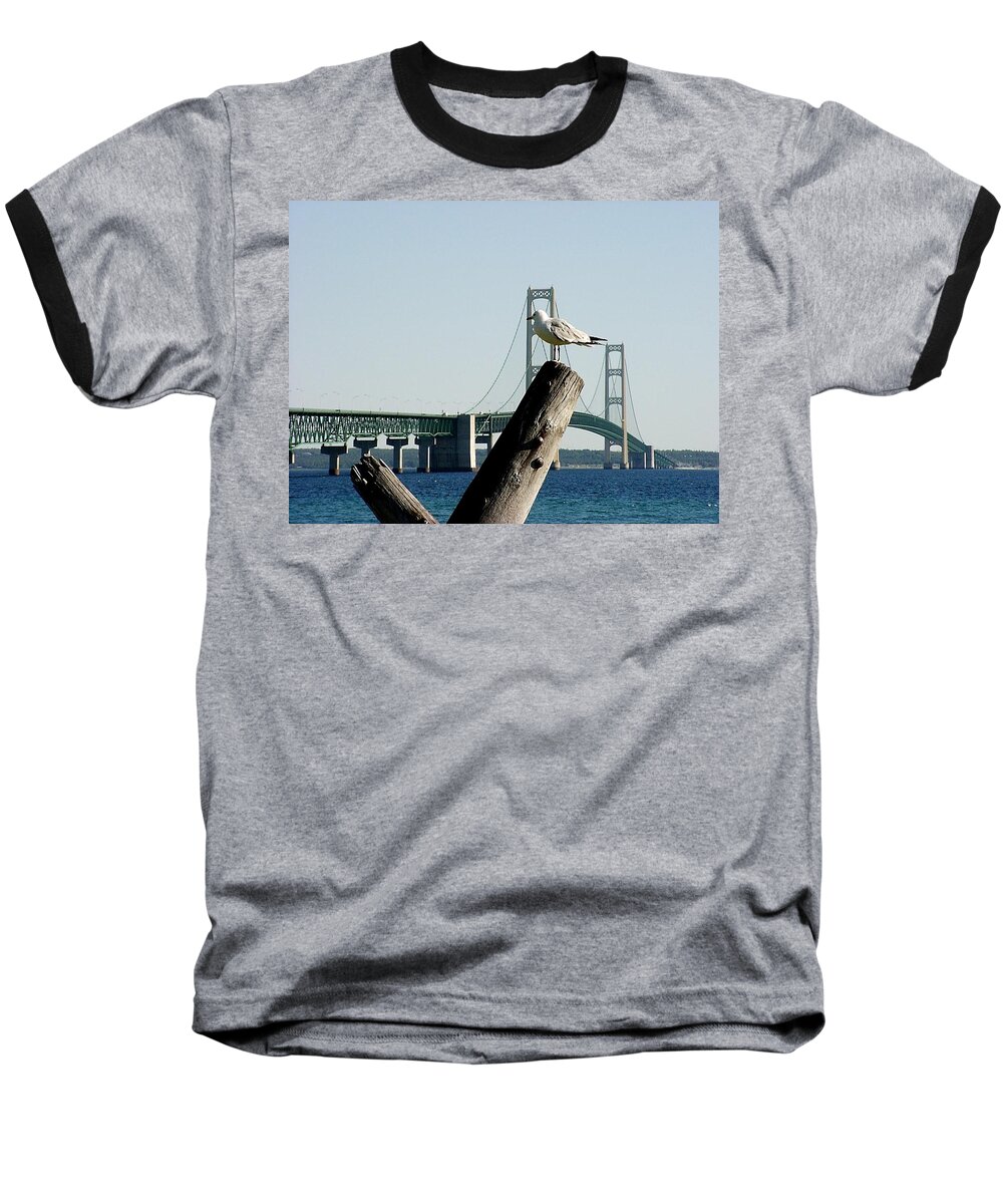 Mackinac Bridge Baseball T-Shirt featuring the photograph Gull and Mackinac Bridge by Keith Stokes