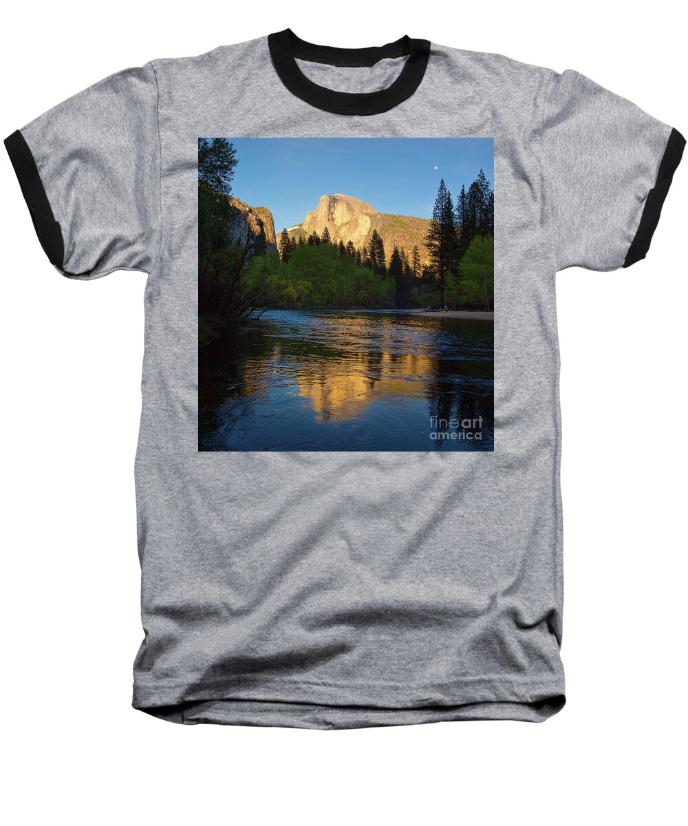 Yosemite Baseball T-Shirt featuring the photograph Half Dome And The Merced River With The Moon by Mimi Ditchie