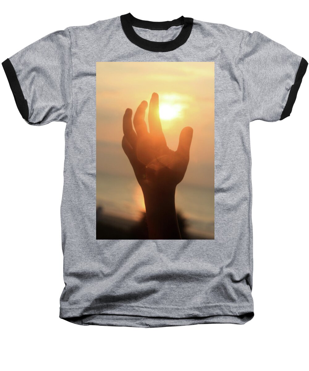 Hand Baseball T-Shirt featuring the photograph Hand reaching fore the sun by Emanuel Tanjala