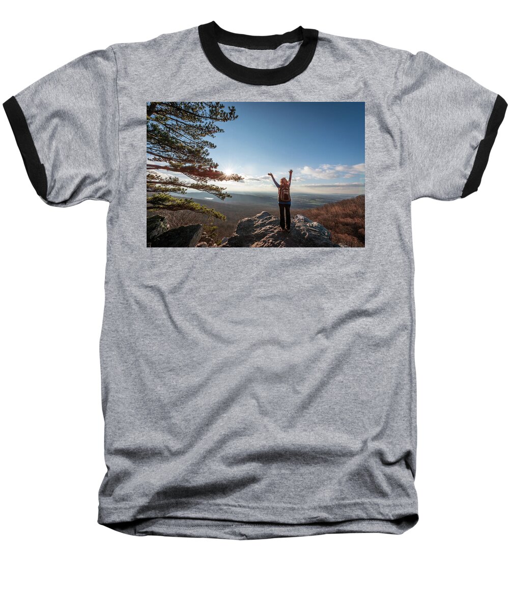 Female Baseball T-Shirt featuring the photograph Happy female hiker at the summit of an Appalachian mountain by Patrick Wolf