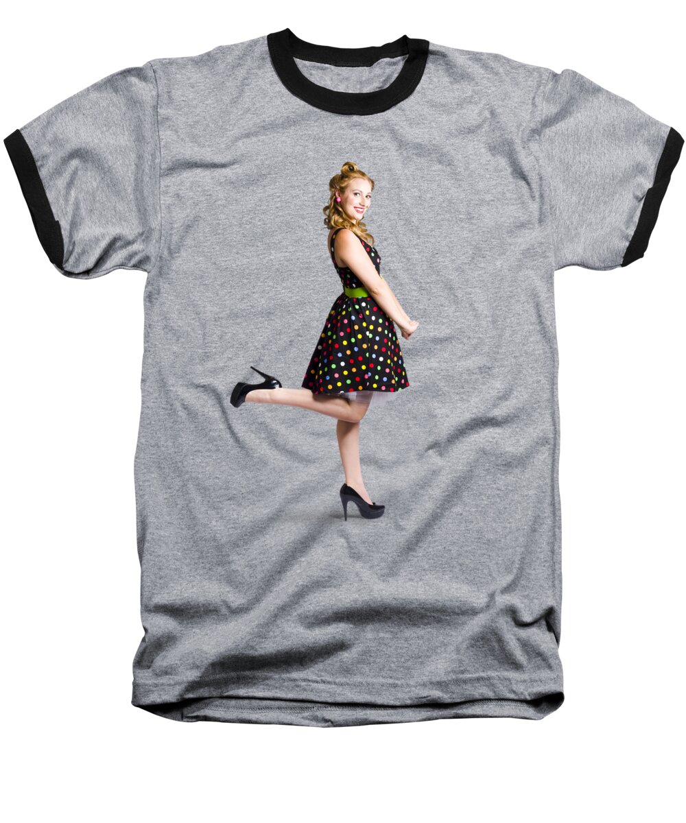 Retro Baseball T-Shirt featuring the photograph Happy woman in retro dress by Jorgo Photography