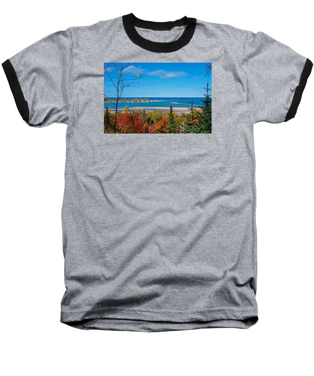 Grand Marais Michigan Baseball T-Shirt featuring the photograph Harbor View by Gary McCormick