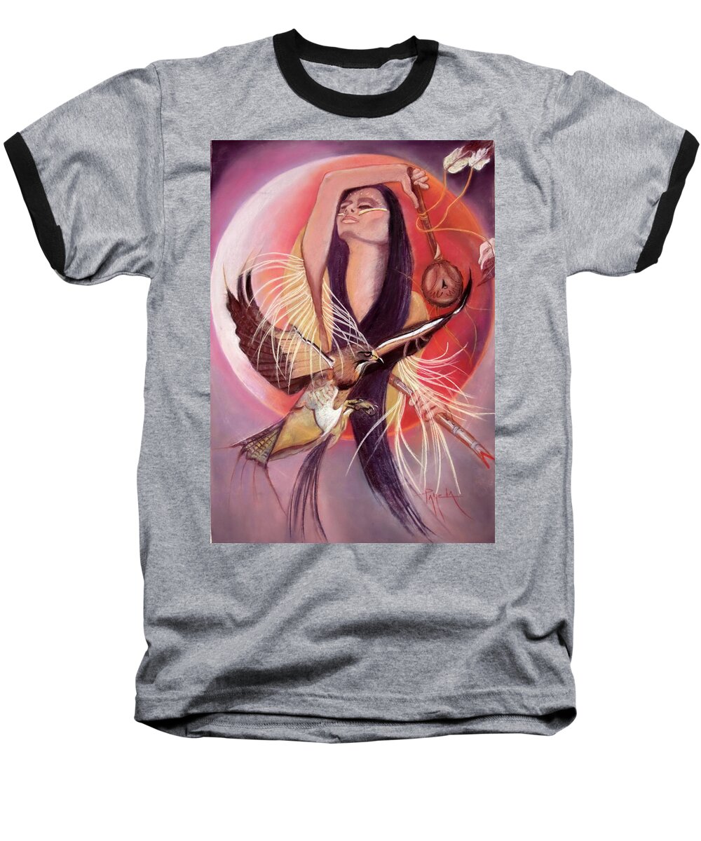 Indian Maiden ...a Blood Moon.....a Beautiful Male Hawk....hawk Rattle With Feathers...flute ...colors Are Red Baseball T-Shirt featuring the pastel Hawk And The Blood Moon by Pamela Mccabe