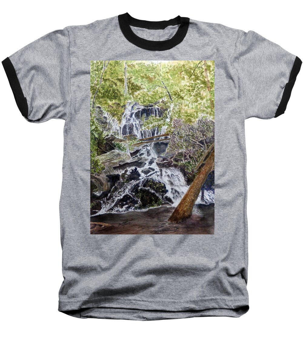 Catawba Falls Baseball T-Shirt featuring the painting Heart of the Forest by Joel Deutsch