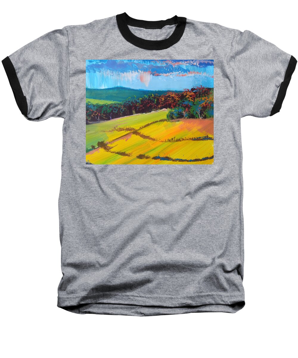 Devon Baseball T-Shirt featuring the painting Heavenly Haldon Hills - Devon English Landscape by Mike Jory