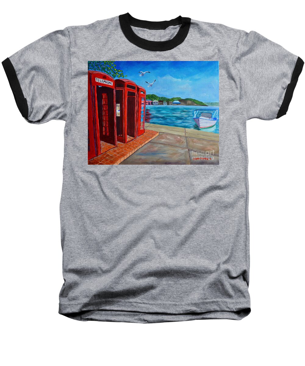 Grenada Baseball T-Shirt featuring the painting Hello, it's me, I'm on the Carenage by Laura Forde