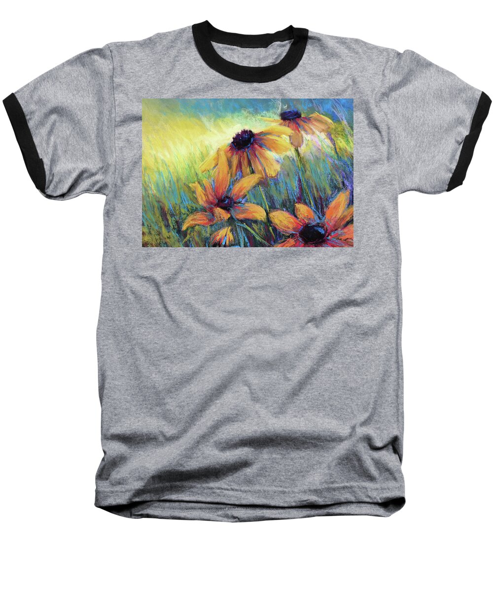 Black Eyed Susans Baseball T-Shirt featuring the painting Hello Sunshie by Susan Jenkins