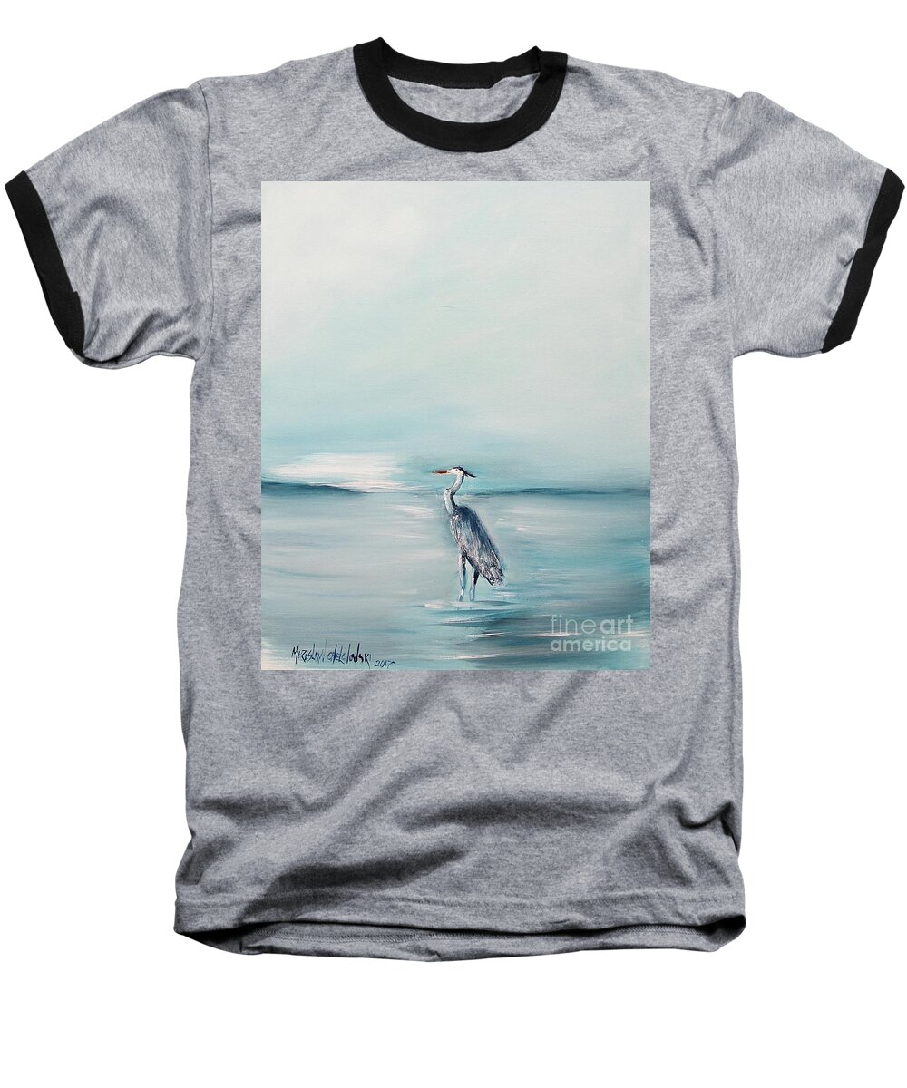 Heron Silence Calm Peace Dead Silence Water Ocean Seascape Blue Sea Painting Print Relax Baseball T-Shirt featuring the painting Heron Silence by Miroslaw Chelchowski