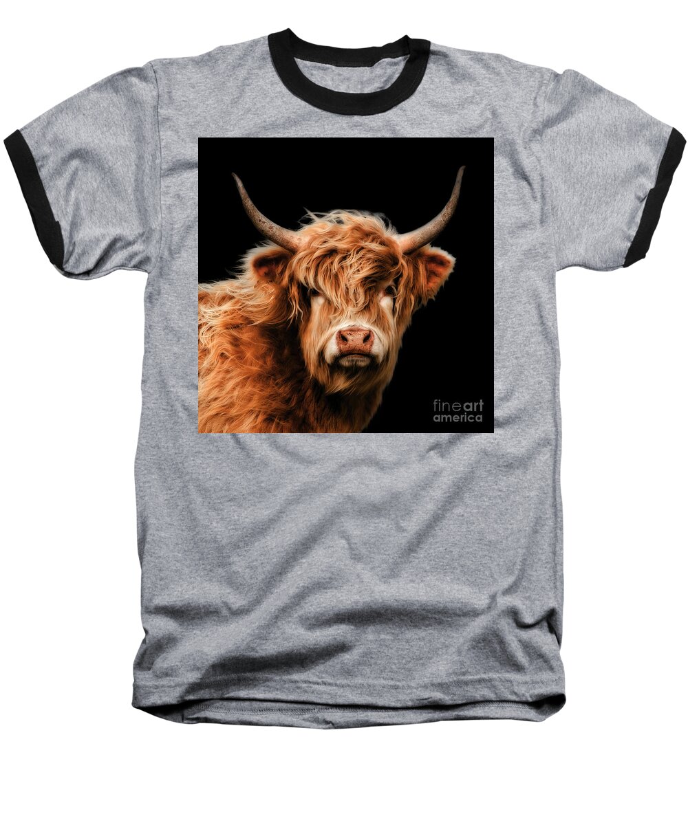 Highland Cow Baseball T-Shirt featuring the mixed media Highland Cow #1 by Linsey Williams