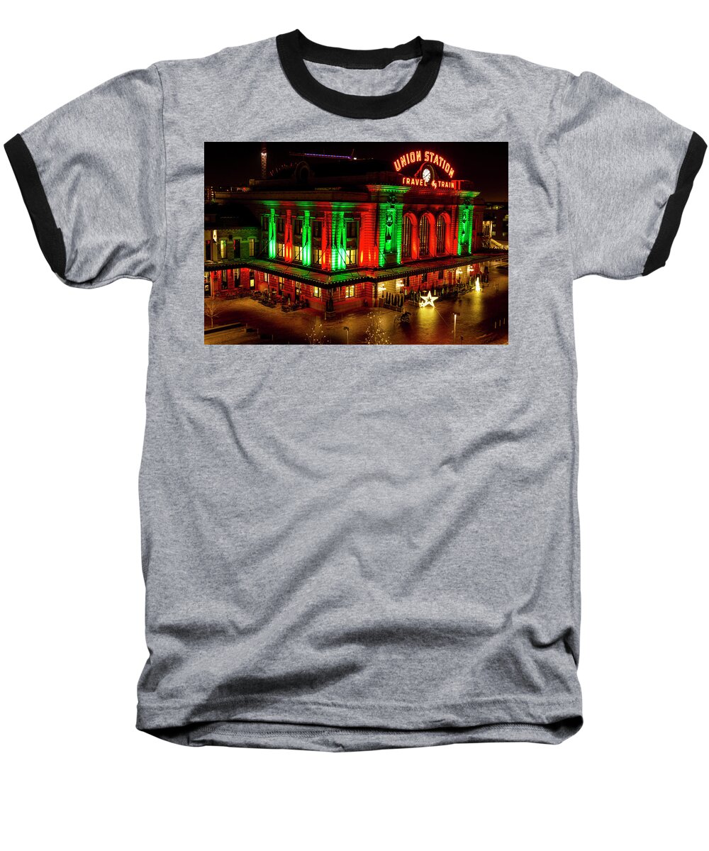 Christmas Baseball T-Shirt featuring the photograph Holiday Lights at Union Station Denver by Teri Virbickis