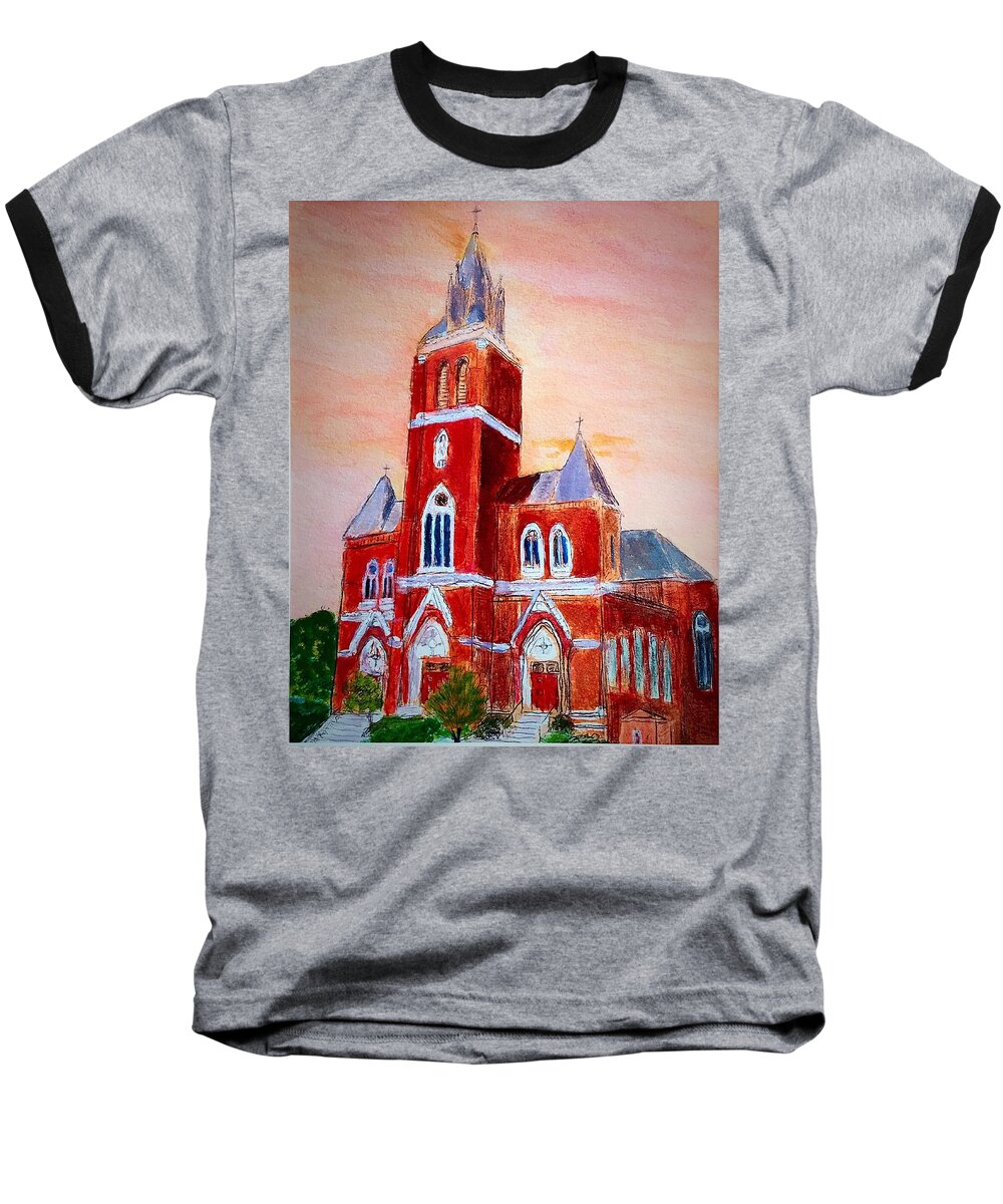 Amesbury Baseball T-Shirt featuring the painting Holy Family Church by Anne Sands