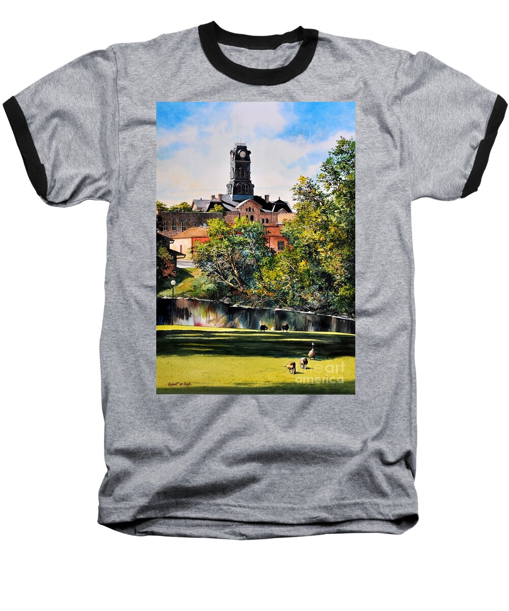 Town Courthouse Baseball T-Shirt featuring the painting Hood County Summer by Robert W Cook