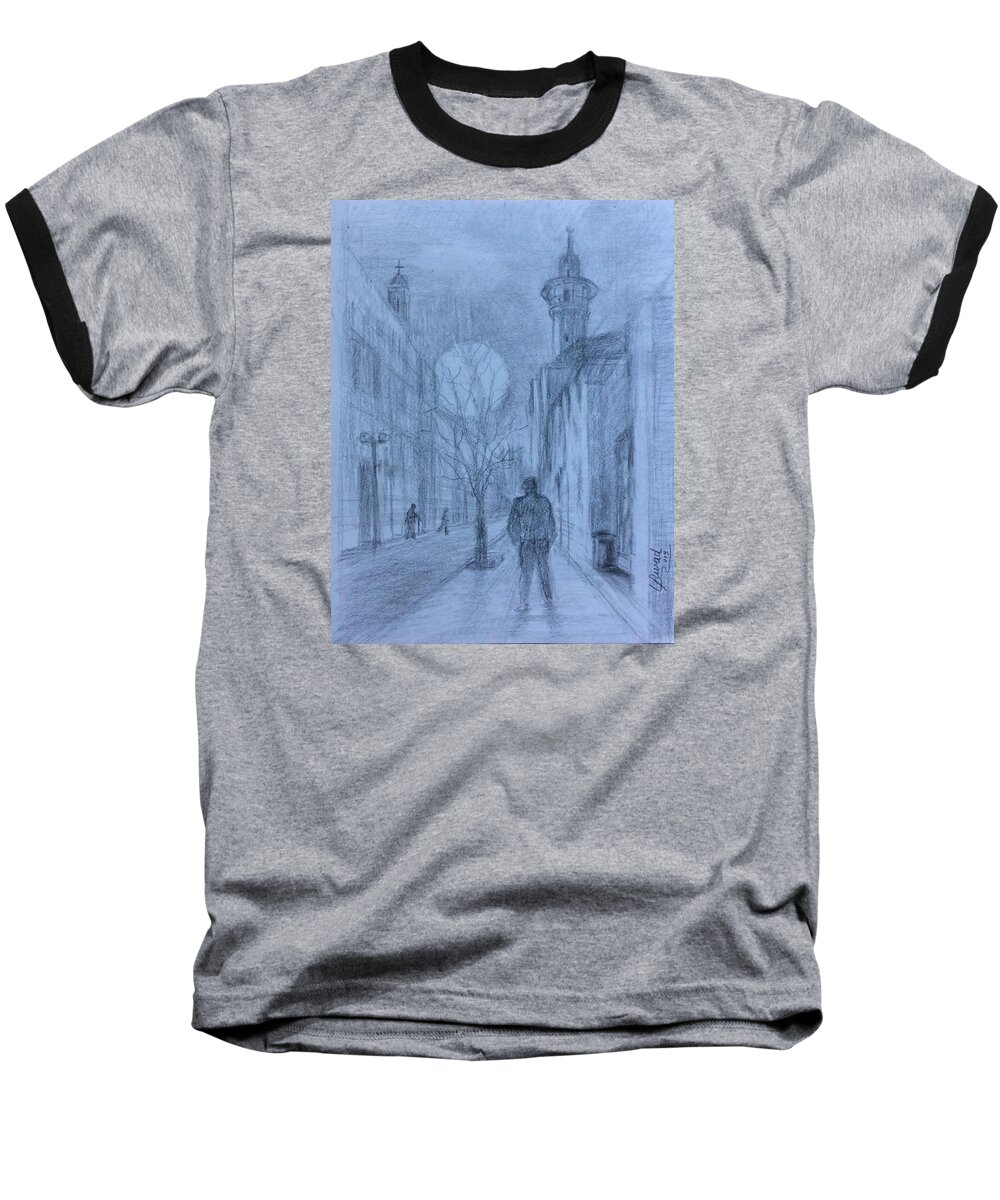 City In Syria Baseball T-Shirt featuring the painting Moon of Hope by Laila Awad Jamaleldin