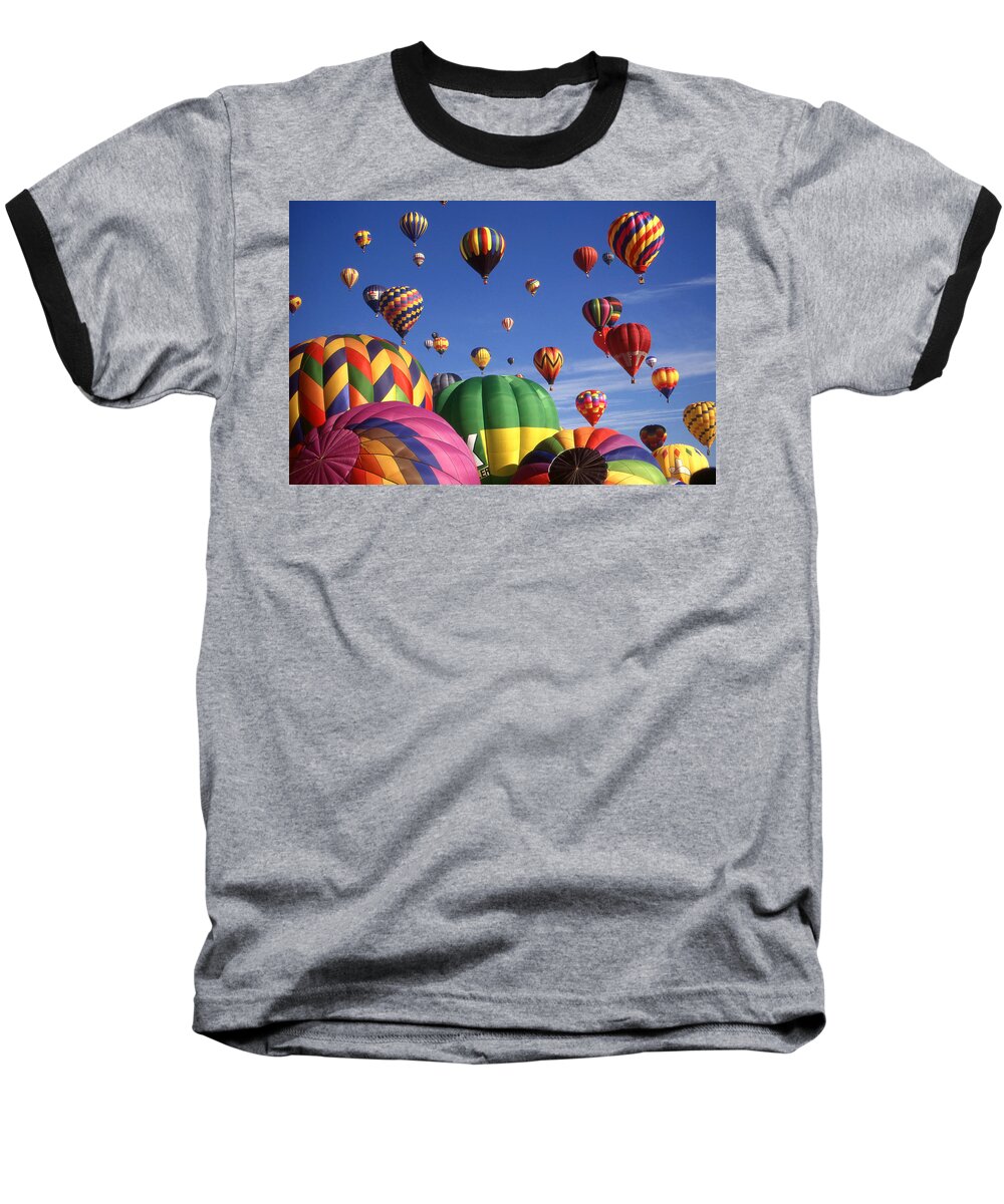 Hot+air+balloons Baseball T-Shirt featuring the photograph Beautiful Balloons On Blue Sky - Color Photo by Peter Potter