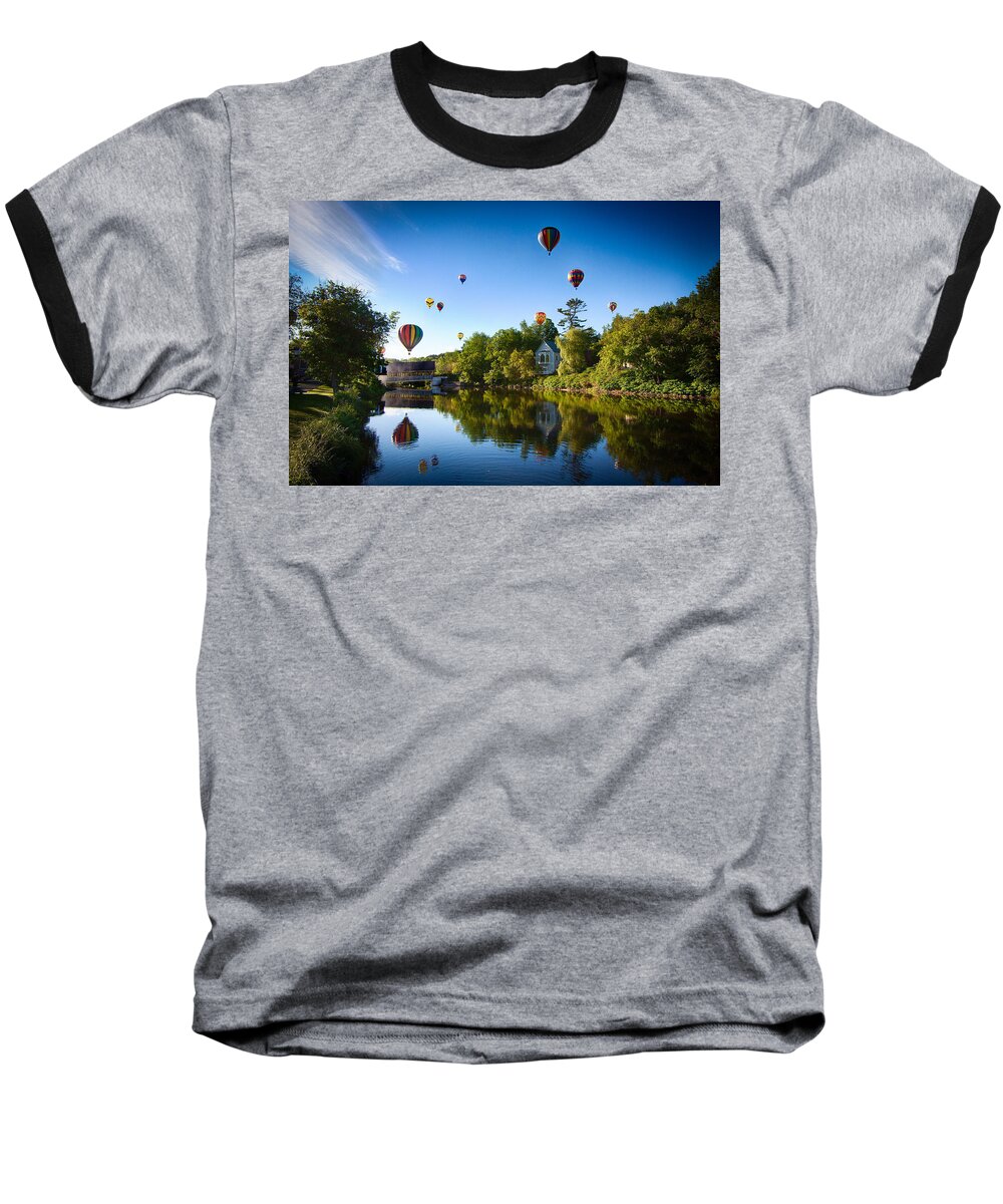 Quechee Covered Bridge Baseball T-Shirt featuring the photograph Hot Air balloons in Quechee by Jeff Folger