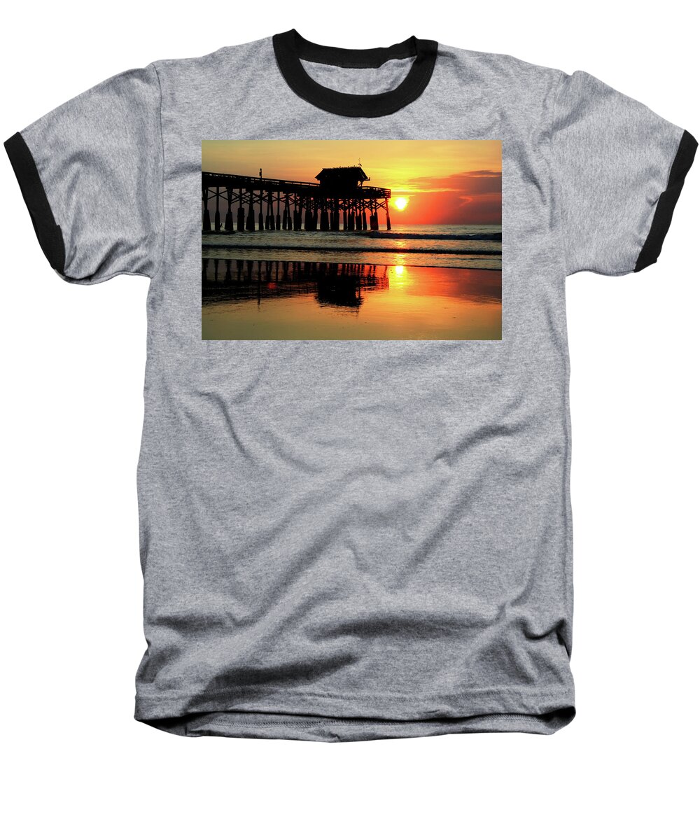 Cocoa Beach Pier Baseball T-Shirt featuring the photograph Hot Sunrise Over Cocoa Beach Pier by Carol Montoya