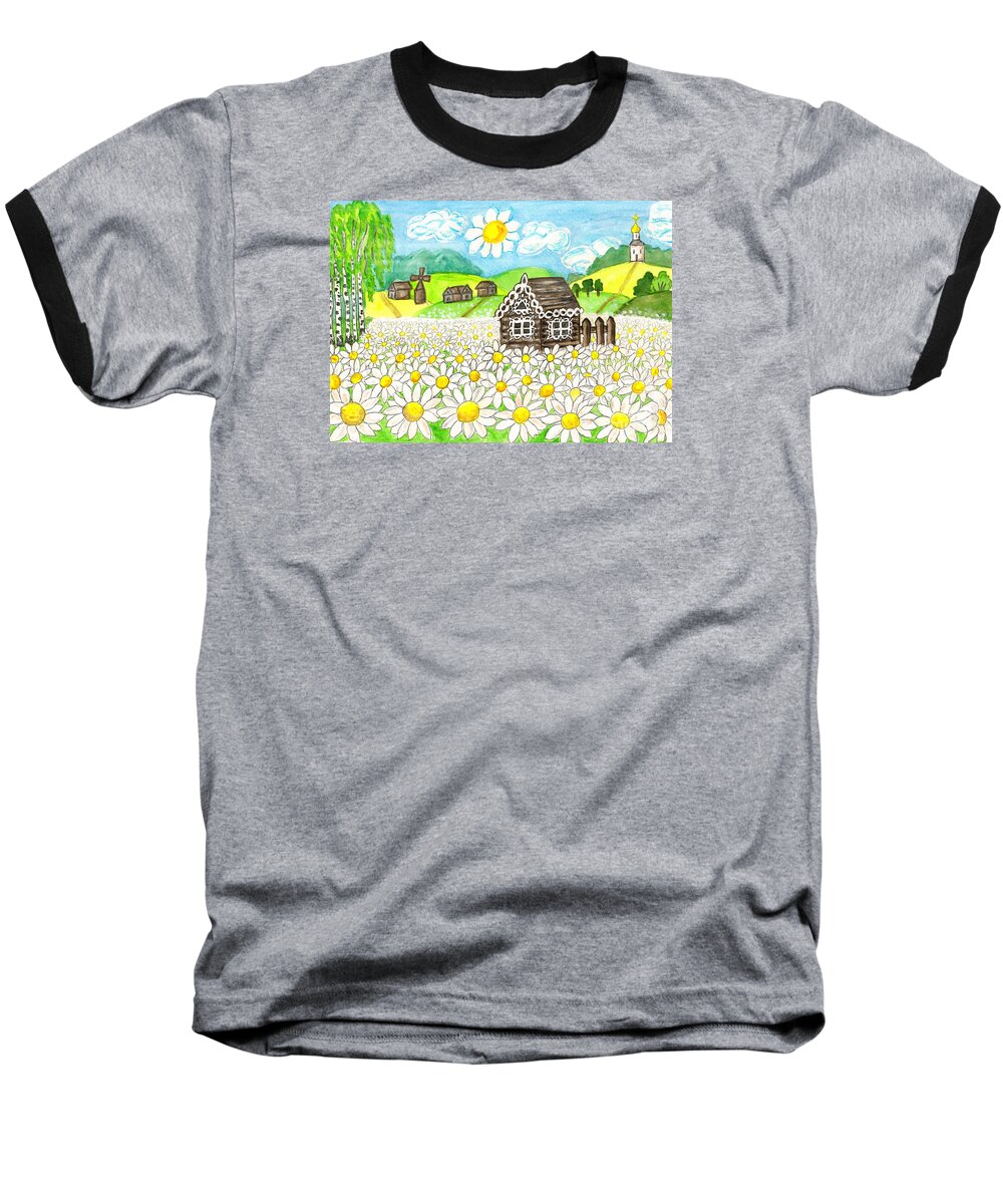 Art Baseball T-Shirt featuring the painting House with camomiles, painting by Irina Afonskaya
