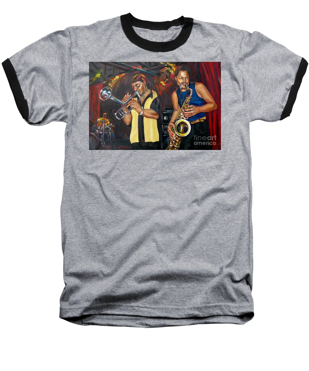 Musician Baseball T-Shirt featuring the painting Hud N Lew/ The DaddyO Brothers by Beverly Boulet