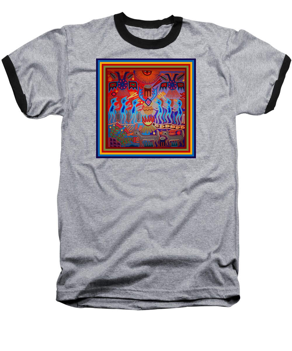 Huichol Baseball T-Shirt featuring the digital art Huichol Tribal Fire Ritual by Vagabond Folk Art - Virginia Vivier