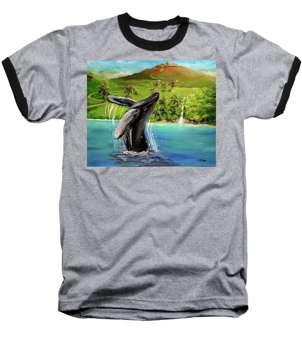 Humpback Whale Baseball T-Shirt featuring the painting Humpback Whale Breaching at Haleakala Hawaii by Bernadette Krupa