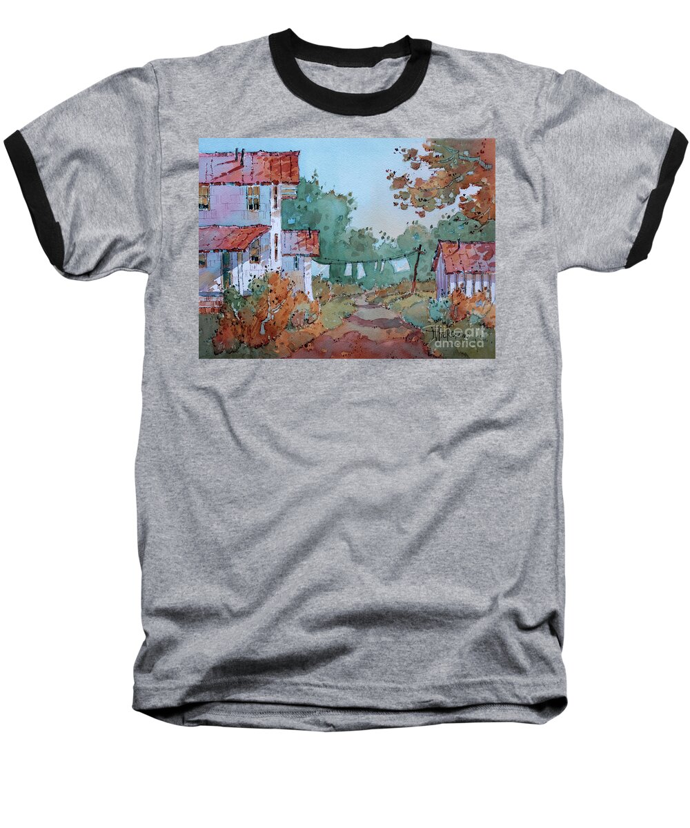 Country Baseball T-Shirt featuring the painting Hung Out to Dry by Joyce Hicks