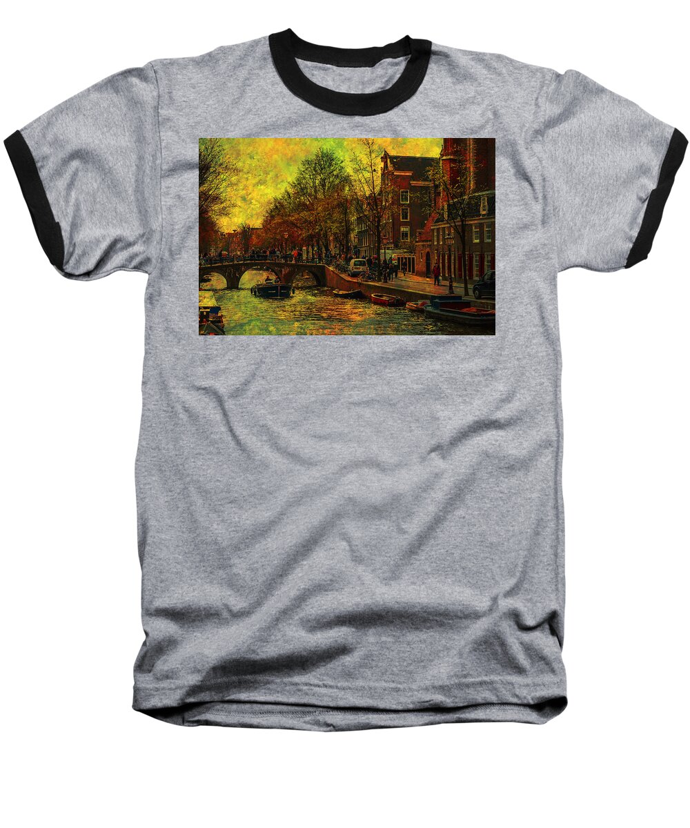 Amsterdam Baseball T-Shirt featuring the photograph I Amsterdam. Vintage Amsterdam In Golden Light by Jenny Rainbow 