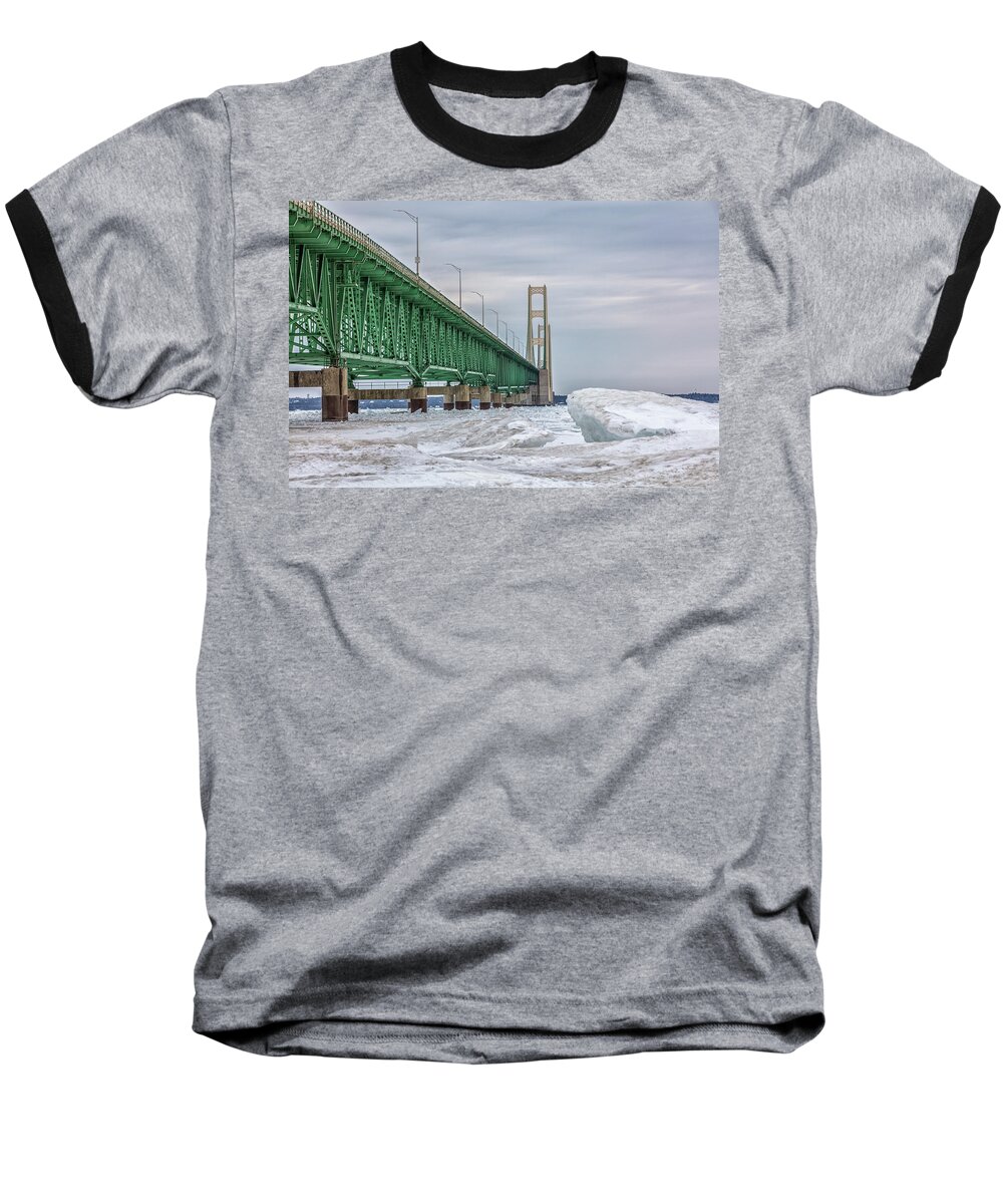 John Mcgraw Baseball T-Shirt featuring the photograph Ice and Mackinac Bridge by John McGraw