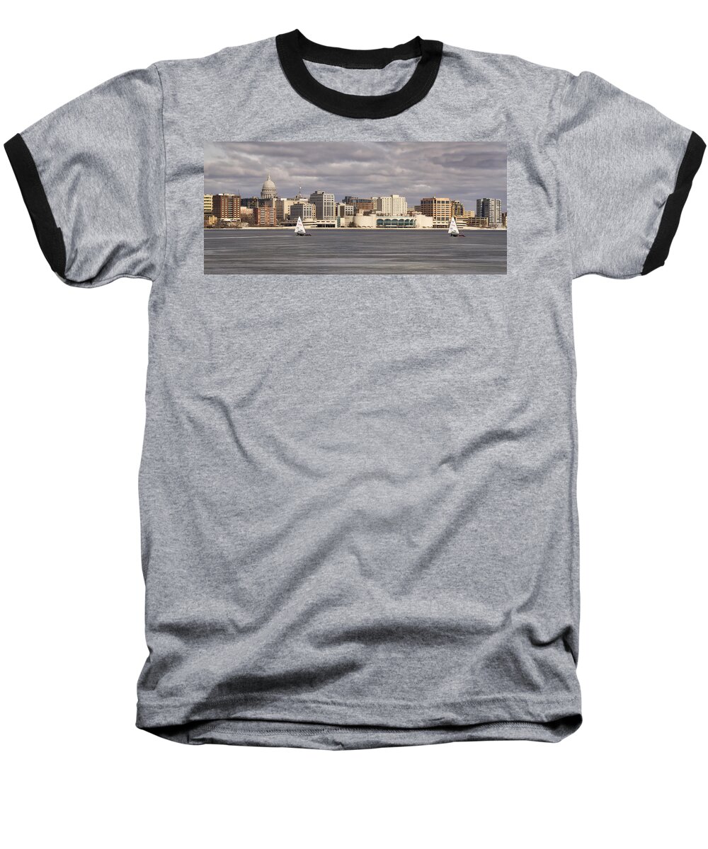 Ice Boats Baseball T-Shirt featuring the photograph Ice Sailing - Lake Monona - Madison - Wisconsin by Steven Ralser