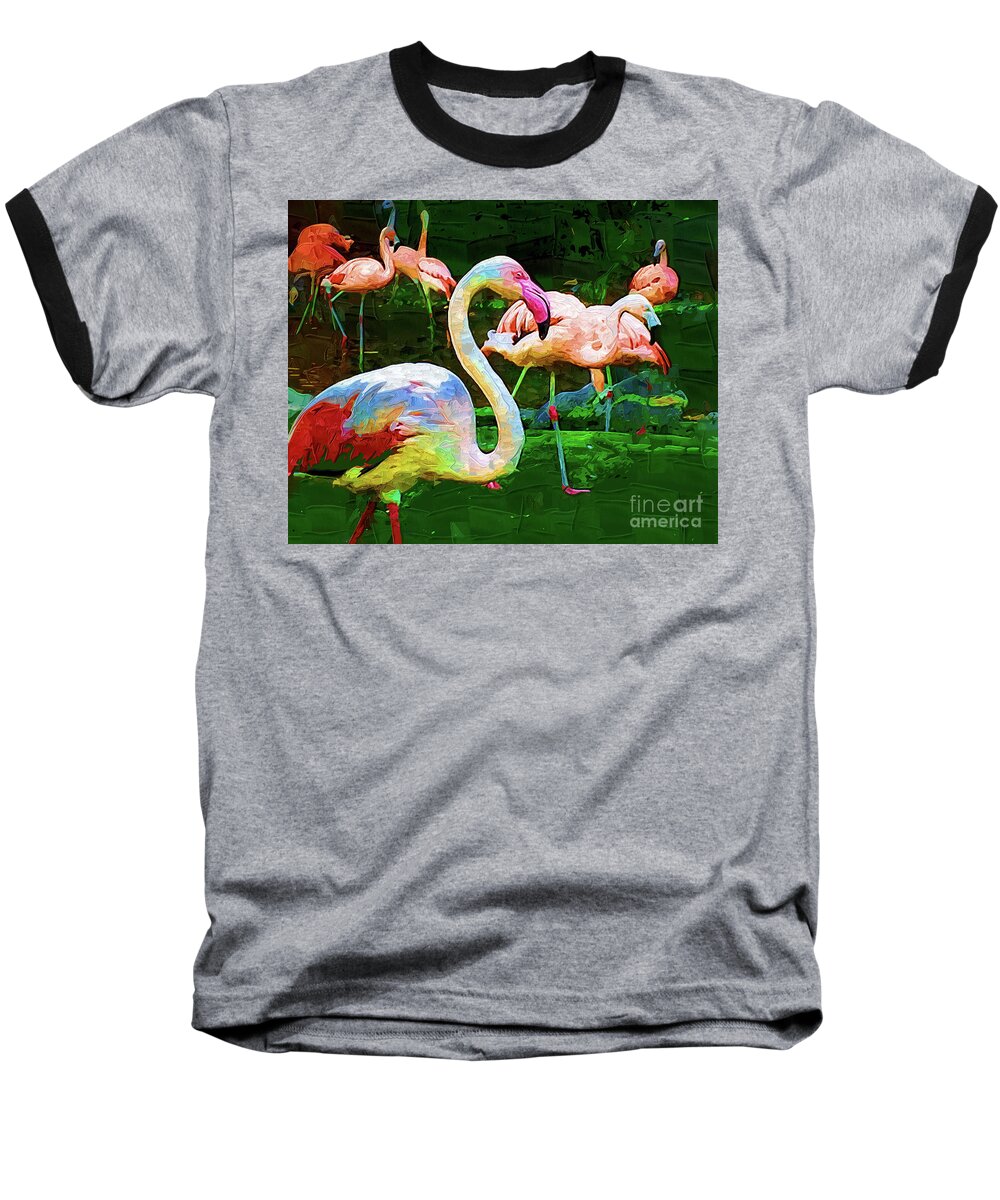 Tropical-birds Baseball T-Shirt featuring the digital art Impasto Flamingo by Kirt Tisdale