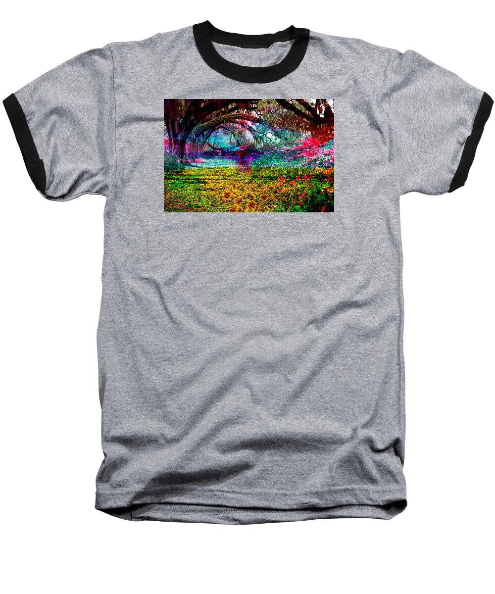 Impressionism Baseball T-Shirt featuring the digital art Impressionism Landscape Willow Tree Garden by Mary Clanahan