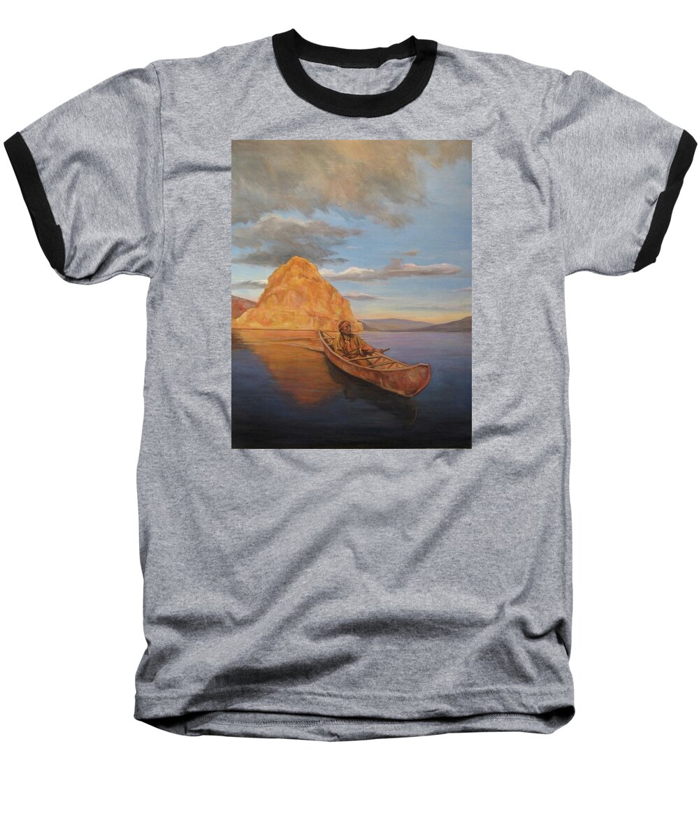 Nature Baseball T-Shirt featuring the painting Indian on Lake Pyramid by Donna Tucker