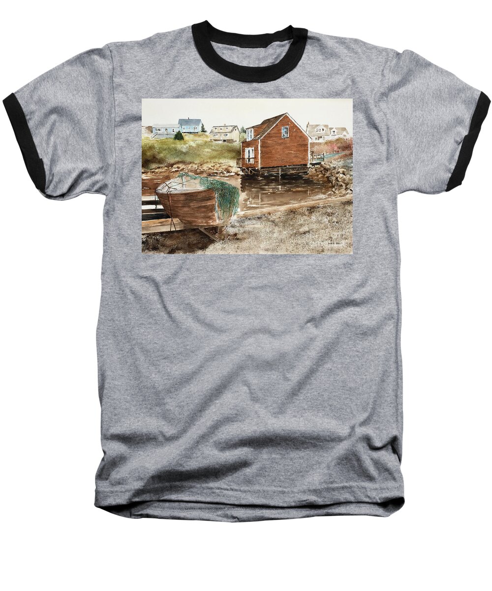 A Small Fishing Boat Is Beached At The Inlet To Peggy's Cove Baseball T-Shirt featuring the painting Inlet At Peggy's Cove by Monte Toon