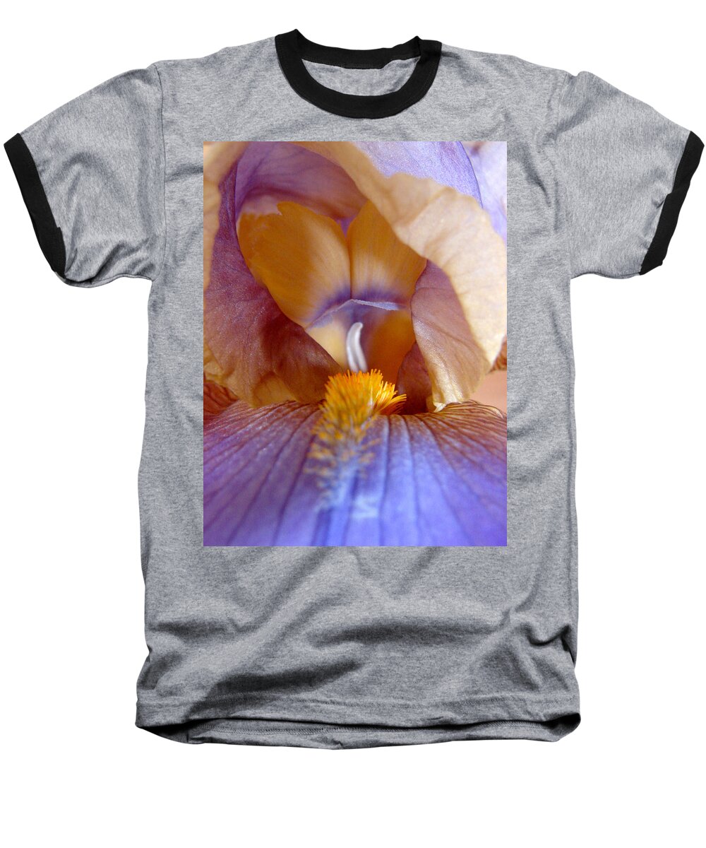 Iris Macro Baseball T-Shirt featuring the digital art Inner Iris Series, Yellow Purple by Jana Russon