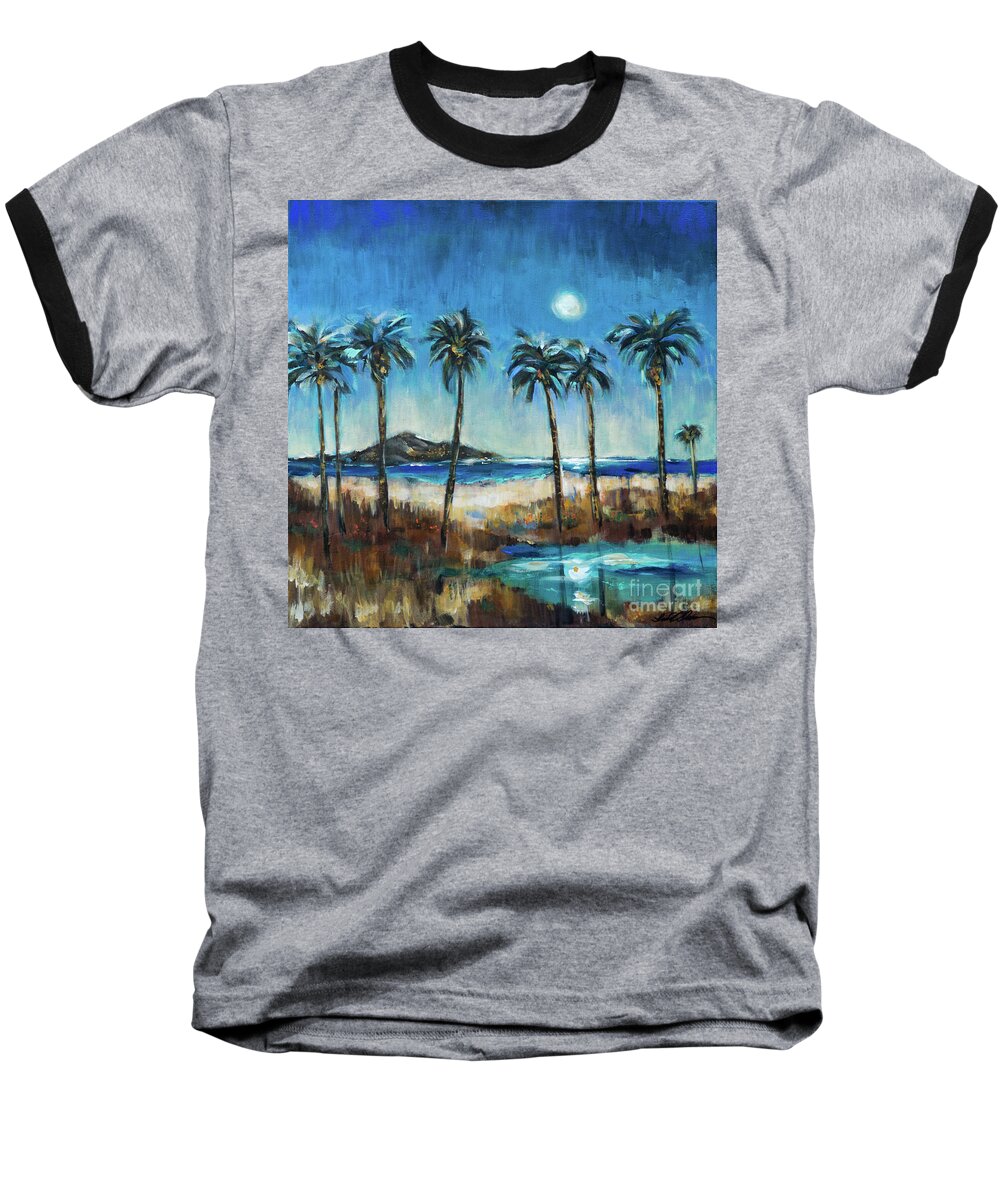 Island Baseball T-Shirt featuring the painting Island Lagoon at Night by Linda Olsen