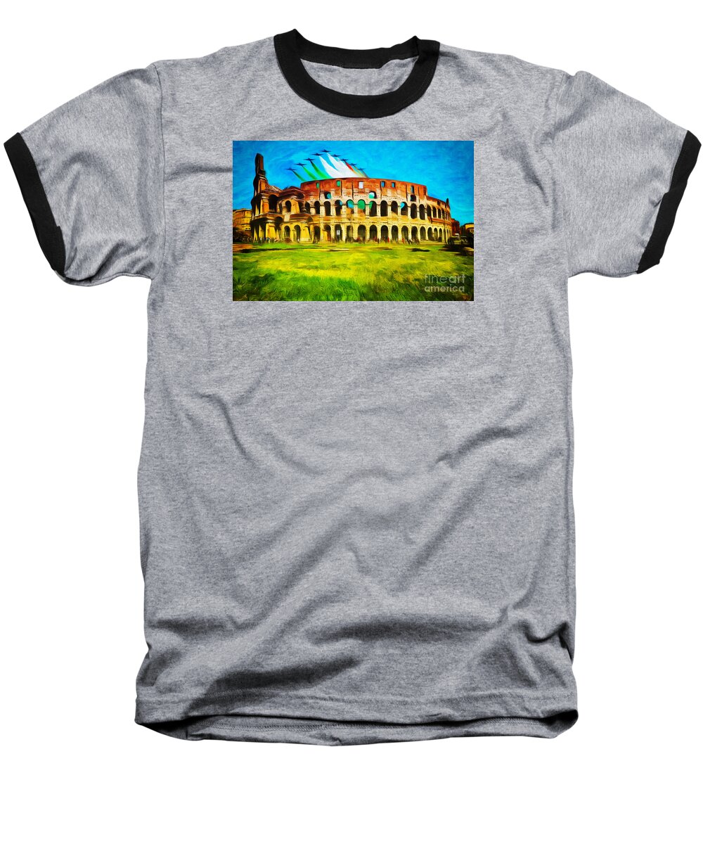 Rome Baseball T-Shirt featuring the photograph Italian aerobatics team over the Colosseum by Stefano Senise