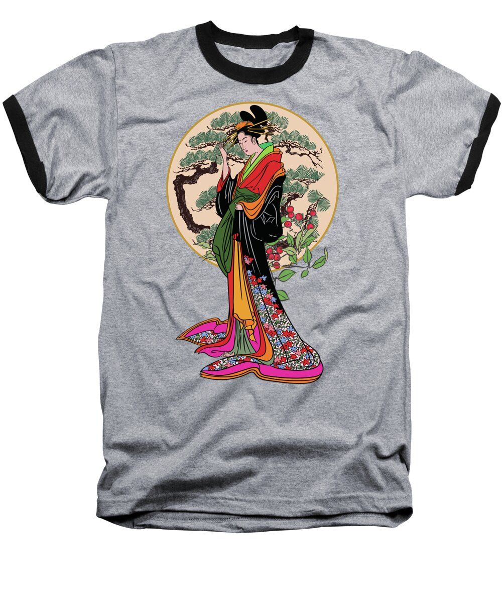 Geisha Baseball T-Shirt featuring the digital art Japanese girl with a landscape in the background. by Andrzej Szczerski