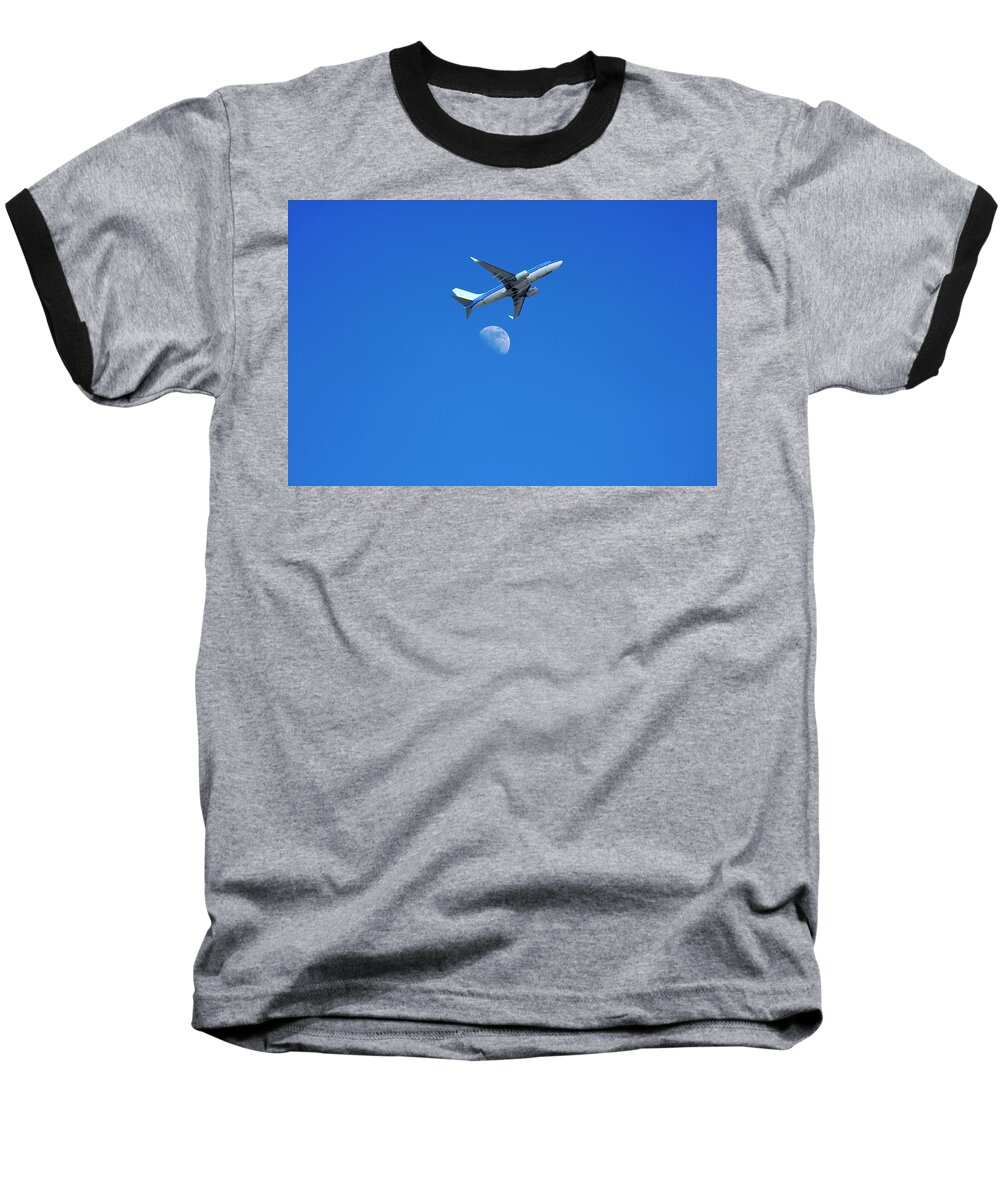 Jet Baseball T-Shirt featuring the photograph Jet plane flying over the moon by Steve Ball