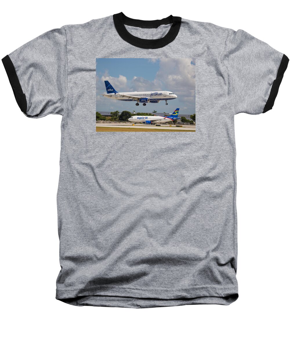 Airplane Baseball T-Shirt featuring the photograph JetBlue over Spirit Air by Dart Humeston