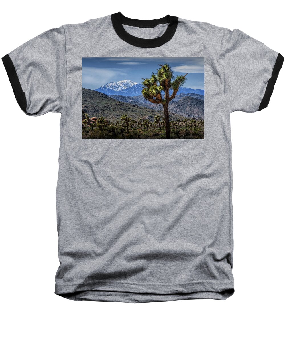California Baseball T-Shirt featuring the photograph Joshua Tree in Joshua Park National Park with the Little San Bernardino Mountains in The Background by Randall Nyhof