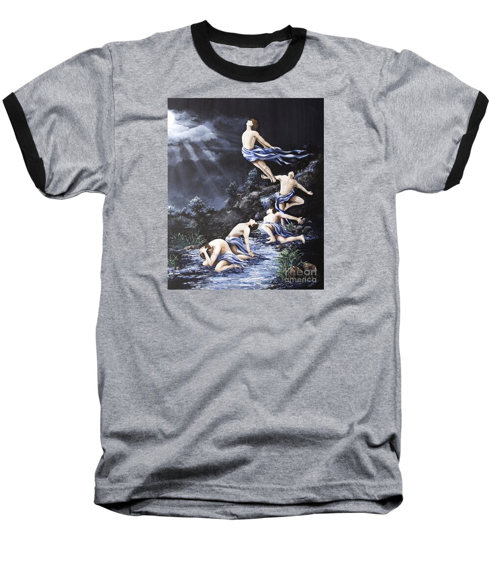 Spiritual. Conceptual Baseball T-Shirt featuring the painting Journey into Self male by Mary Palmer