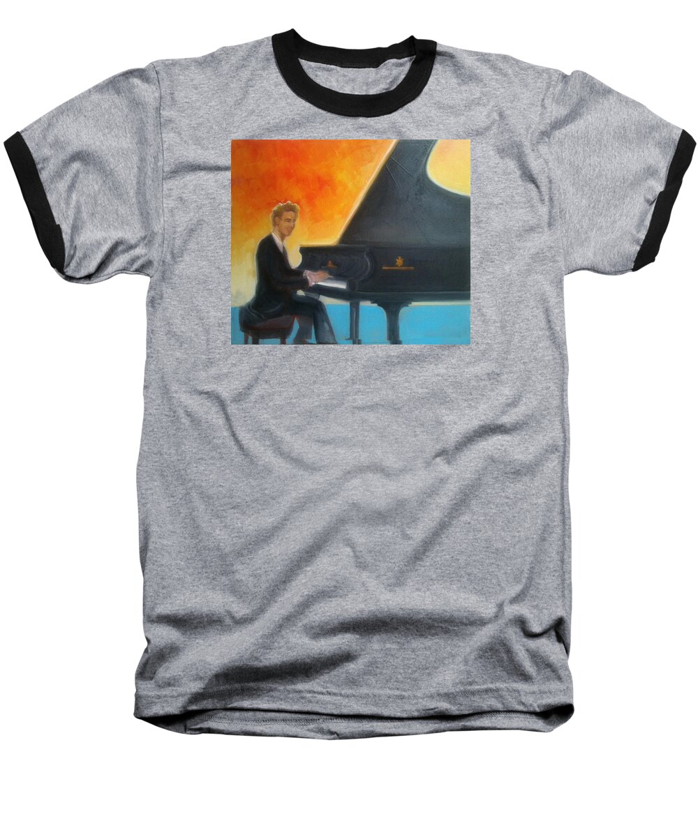 Primary Colors Baseball T-Shirt featuring the painting Justin Levitt at piano Red Blue Yellow by Suzanne Giuriati Cerny