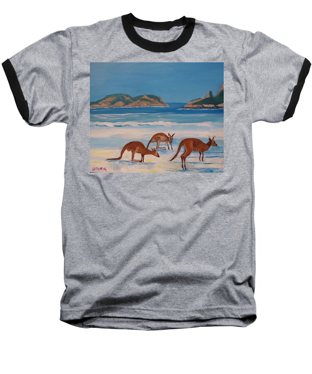 Kangaroos Baseball T-Shirt featuring the painting Kangaroos on the beach by Jean Pierre Bergoeing