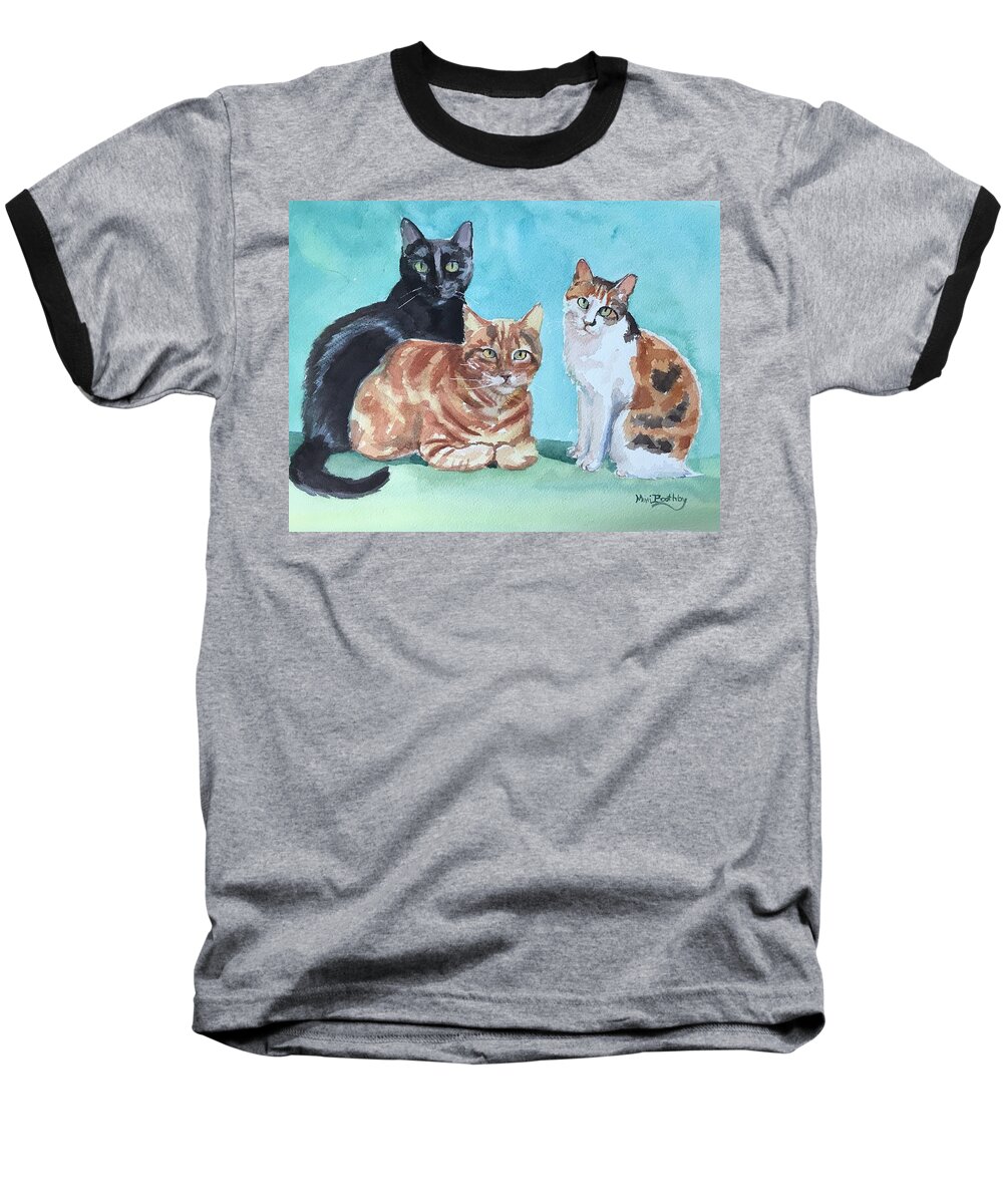 Kate Bolcar's Cats Baseball T-Shirt featuring the painting Kates's cats by Mimi Boothby