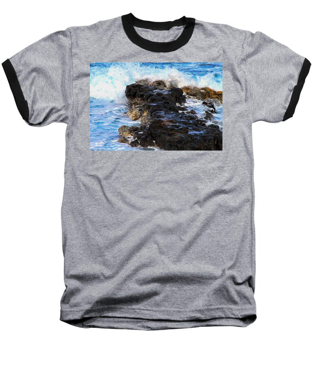 Bonnie Follett Baseball T-Shirt featuring the photograph Kauai Rock Splash by Bonnie Follett