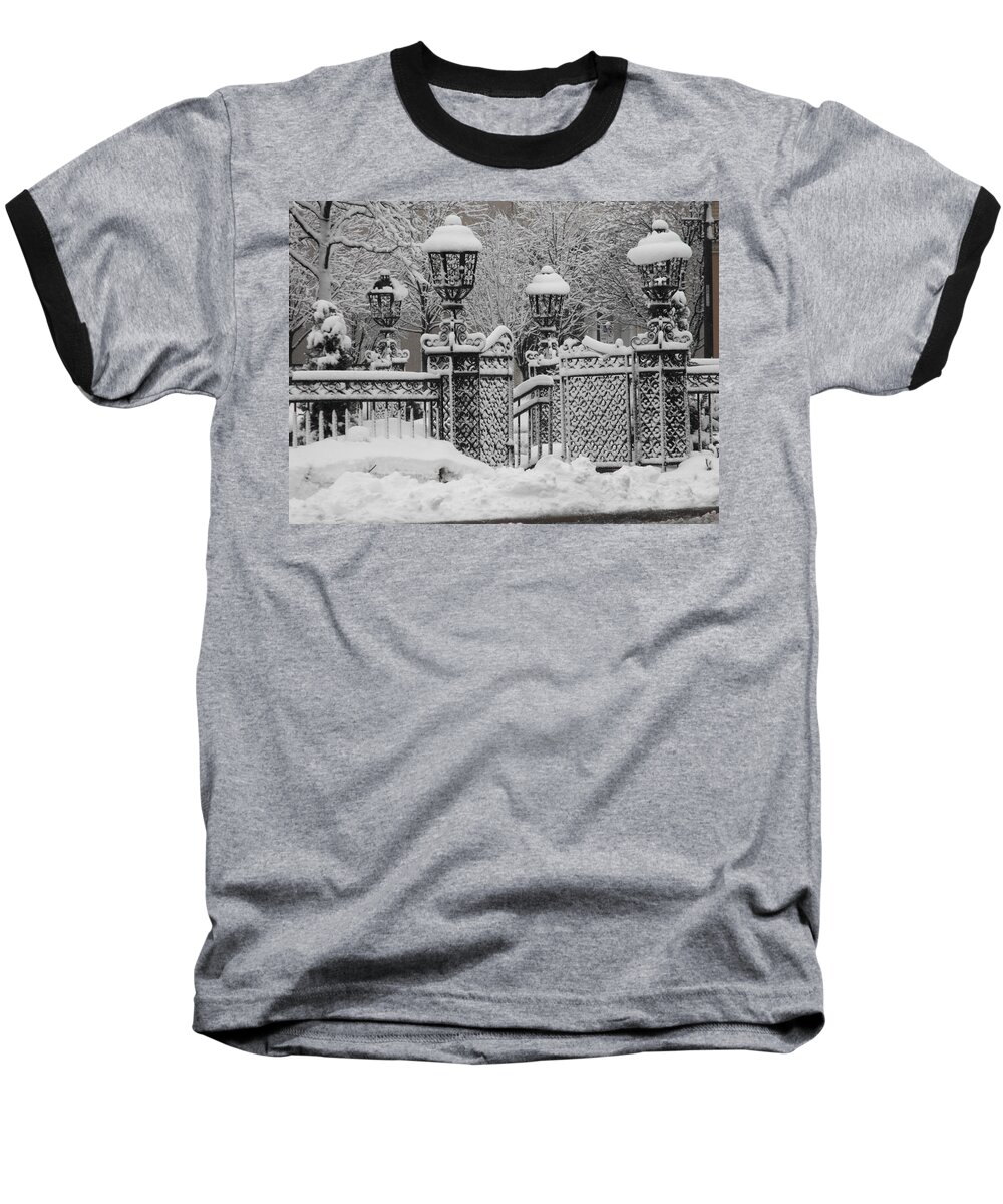 Country Club Plaza Baseball T-Shirt featuring the photograph KC Plaza is Art in the Snow by Michael Oceanofwisdom Bidwell