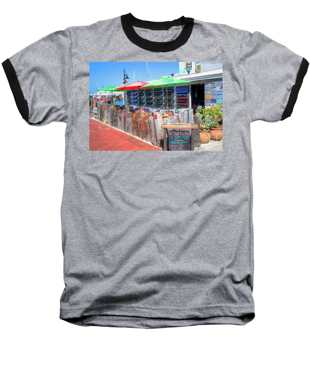 Waterfront Baseball T-Shirt featuring the photograph Key West Raw Bar by Ules Barnwell
