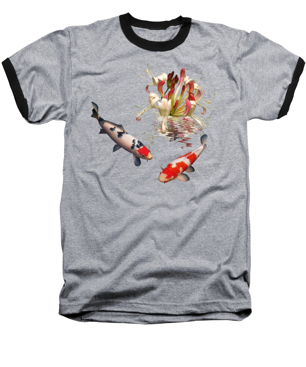 Fish Baseball T-Shirt featuring the photograph Koi With Honeysuckle Reflections Square by Gill Billington