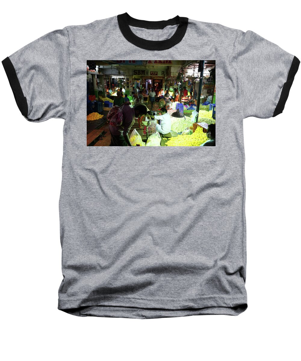 India Baseball T-Shirt featuring the photograph Koyambedu Flower Market Stalls by Mike Reid