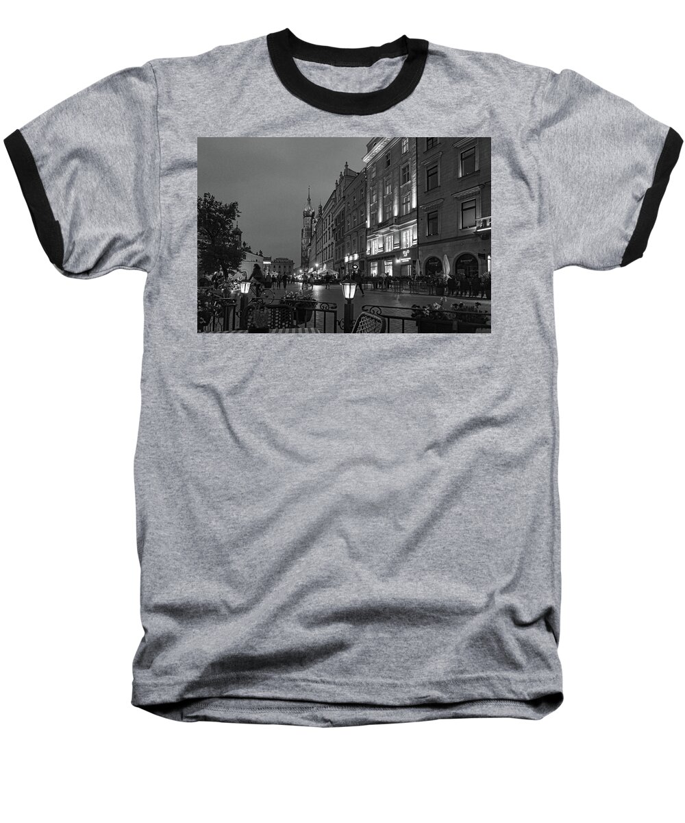 Central Europe Baseball T-Shirt featuring the photograph Krakow Nights Black and White by Sharon Popek